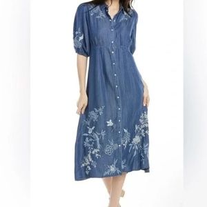 Johnny Was Jacqueline Puff Sleeve Dress Chambray Denim Embroidered Boho XL
